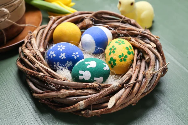 Nest Painted Easter Eggs Color Wooden Background Closeup — Stock Fotó