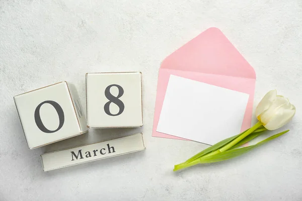 Composition Blank Card Tulip Flower Cube Calendar Date March Light — Stock Photo, Image