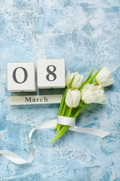 Cube Calendar Date March Bouquet Beautiful Tulip Flowers Color Background — Stock Photo, Image