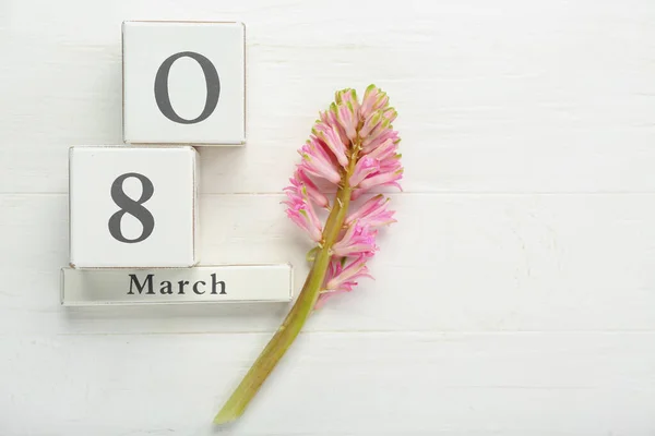 Cube Calendar Date March Hyacinth Flower Light Wooden Background — Stock Photo, Image