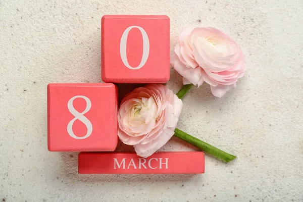 Cube Calendar Date March Ranunculus Flowers Light Background — Stock Photo, Image