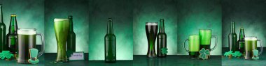 Festive collage for St. Patrick's Day celebration with beer on dark green background