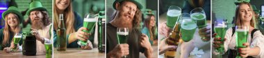 Festive collage for St. Patrick's Day celebration with different people drinking beer in pub