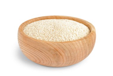 Wooden bowl of amaranth seeds isolated on white background
