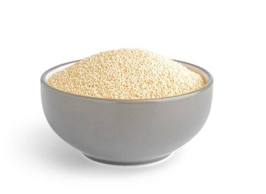 Ceramic bowl of amaranth seeds isolated on white background