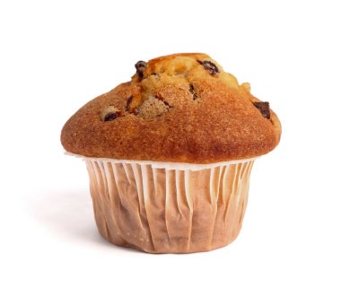 Delicious muffin with chocolate isolated on white background