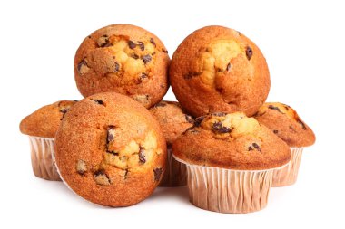 Delicious muffins with chocolate isolated on white background