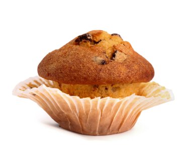 Delicious muffin with chocolate isolated on white background