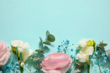 Beautiful composition with flowers and eucalyptus branches on color background, closeup. Hello spring