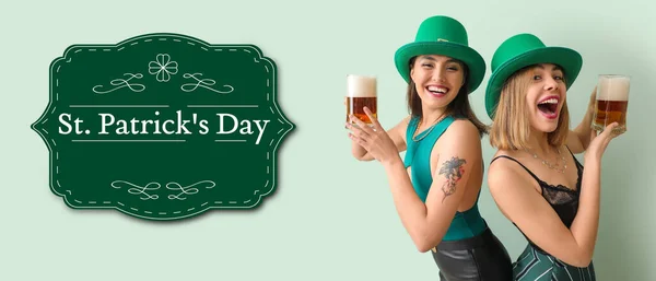 Greeting Card Patrick Day Beautiful Young Women Drinking Beer — Photo