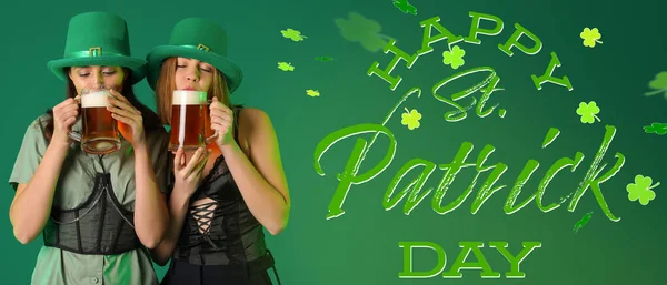 Greeting Card Patrick Day Beautiful Young Women Drinking Beer — Photo