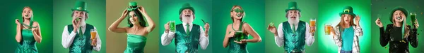 Festive collage for St. Patrick\'s Day celebration with different people on green background