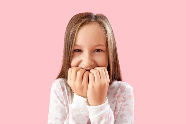 Little Girl Biting Nails Pink Background Closeup — Stock Photo, Image