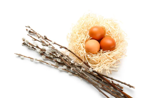 Nest Easter Eggs Willow Branches White Background — Zdjęcie stockowe