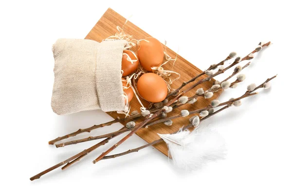 Wooden Board Bag Easter Eggs Willow Branches White Background — Zdjęcie stockowe