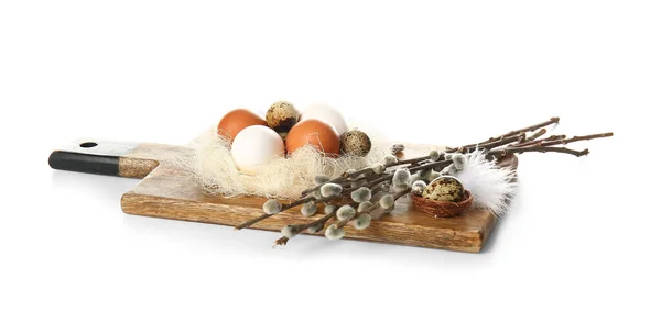 Wooden Board Nests Easter Eggs Willow Branches Isolated White Background — Fotografia de Stock