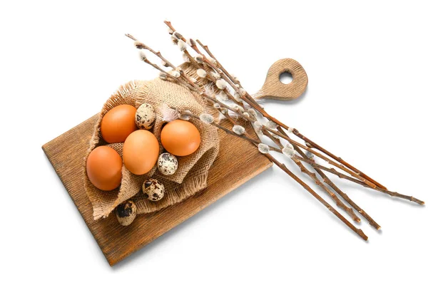 Wooden Board Easter Eggs Willow Branches Isolated White Background — Fotografia de Stock