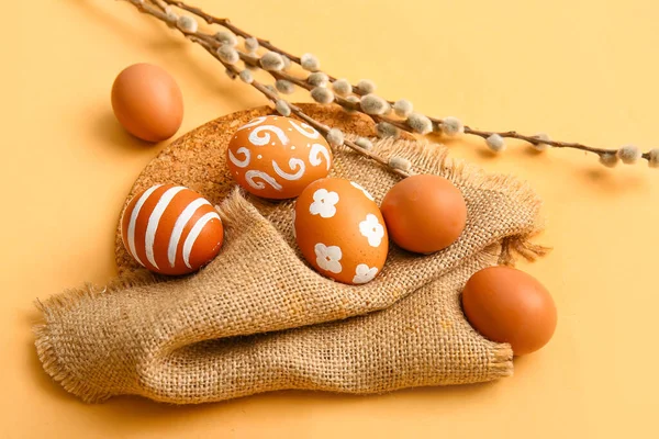 Beautiful Easter Eggs Willow Branches Color Background — Foto Stock