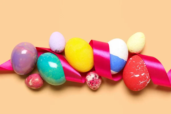 Composition Painted Easter Eggs Ribbon Color Background Closeup — Stock Fotó