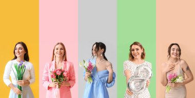 Set of beautiful women with flowers on color background. 8 March celebration