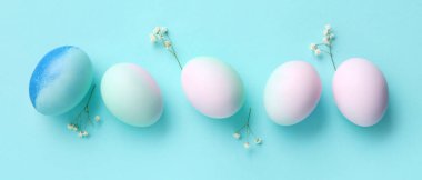 Beautiful Easter eggs and flowers on light blue background