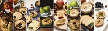 Group of fresh apples and bread slices with nut butter, blueberries and hazelnuts on table