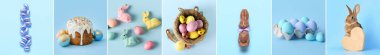 Collage with symbols of Easter on light blue background