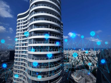 View of modern skyscraper in city. Concept of internet
