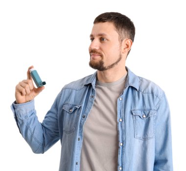 Man with inhaler on white background