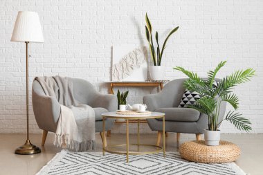 Interior of light living room with armchairs, tables and houseplants