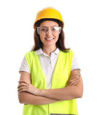 Female worker in vest and hardhat on white background