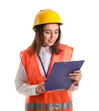 Female engineer with clipboard on white background