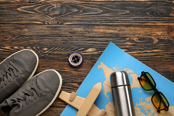 Compass Traveler Accessories Wooden Background — Stock Photo, Image