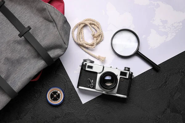 Compass Traveler Accessories Black Background — Stock Photo, Image