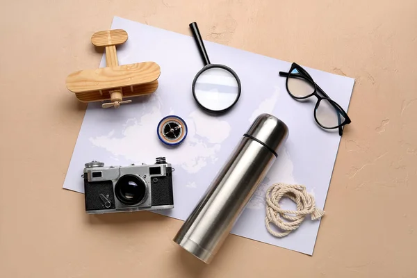 Compass Traveler Accessories Beige Background — Stock Photo, Image