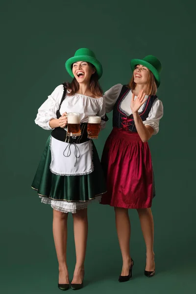 Irish Waitresses Glasses Beer Green Background Patrick Day Celebration — Photo