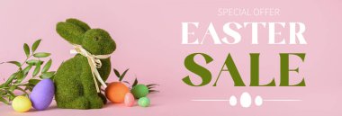 Banner for Easter sale with colorful eggs and toy bunny