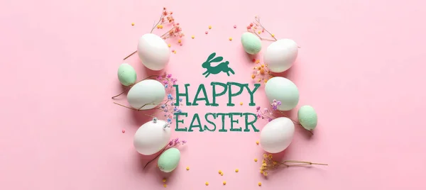 Szöveg Happy Easter Virágok Tojások Rózsaszín Alapon — Stock Fotó