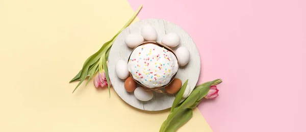 Board Easter Cake Eggs Tulip Flowers Color Background Top View — Stock fotografie