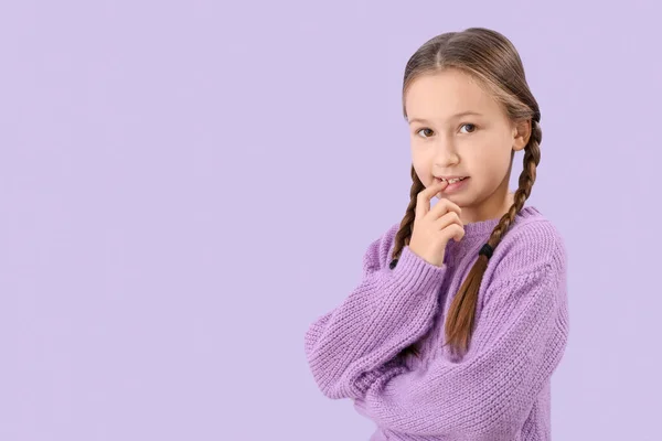 Little Girl Biting Nails Lilac Background — Stock Photo, Image