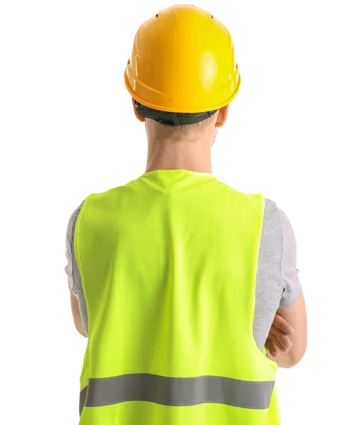 Male Worker Vest Hardhat White Background Back View — Photo