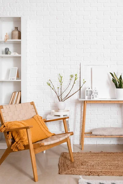 Interior Living Room Armchair House Candle Holders Table White Brick — 스톡 사진
