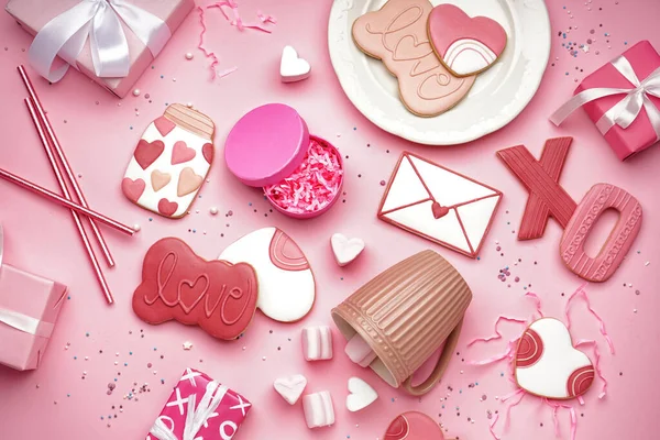 Composition Tasty Cookies Gifts Marshmallows Straws Pink Background Valentine Day — Stock Photo, Image