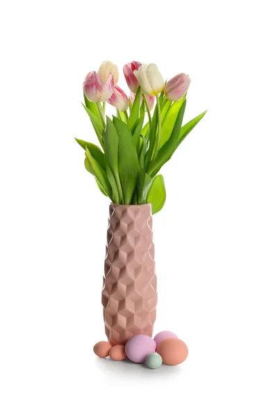 Vase Beautiful Tulip Flowers Easter Eggs White Background — Stock Photo, Image