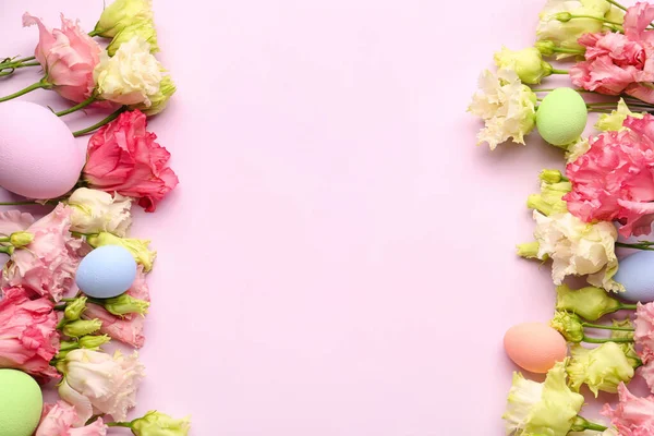 Beautiful Eustoma Flowers Easter Eggs Pink Background — Zdjęcie stockowe