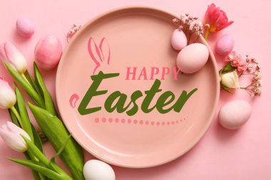 Easter greeting card with flowers, plate and eggs on pink background