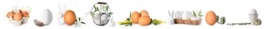 Collection of Easter eggs with natural decorations on white background