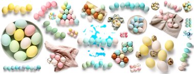 Set of many colorful Easter eggs isolated on white, top view