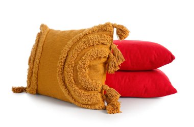 Stylish decorative pillows isolated on white background