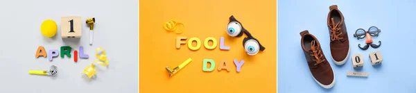 Festive Collage April Fool Day Celebration Color Background — Foto de Stock